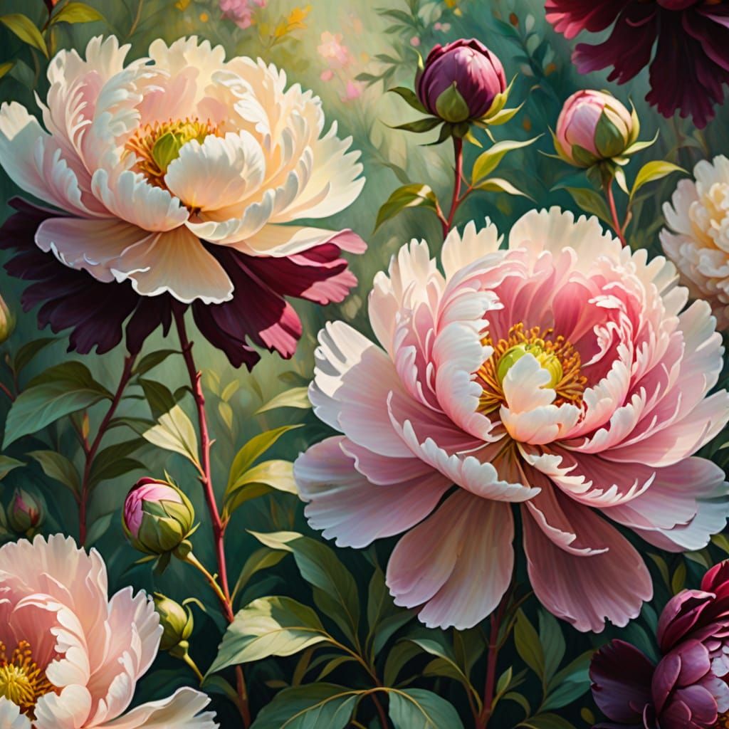 Impressionist Peonies in Burgundy, Pink, and Cream