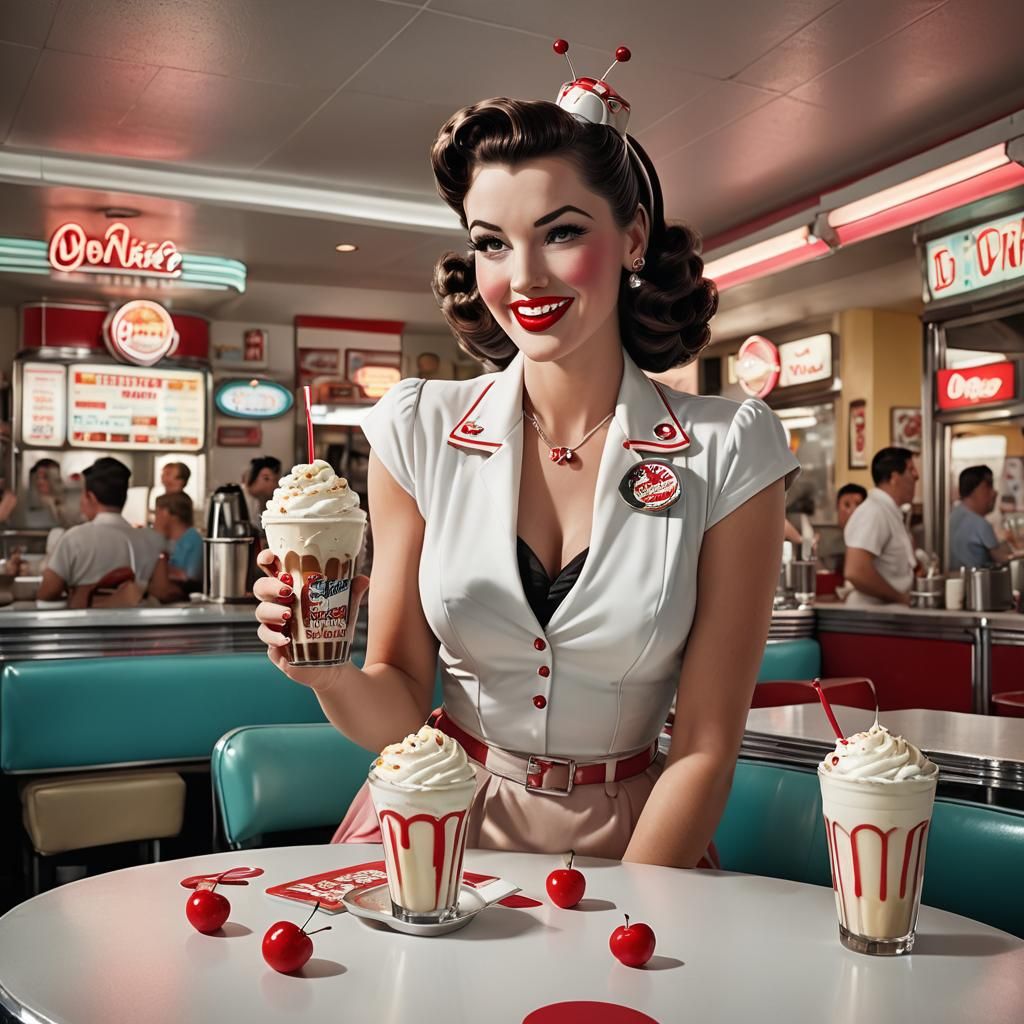 Colorful Diner Scene with Pinup Girl and Milkshake