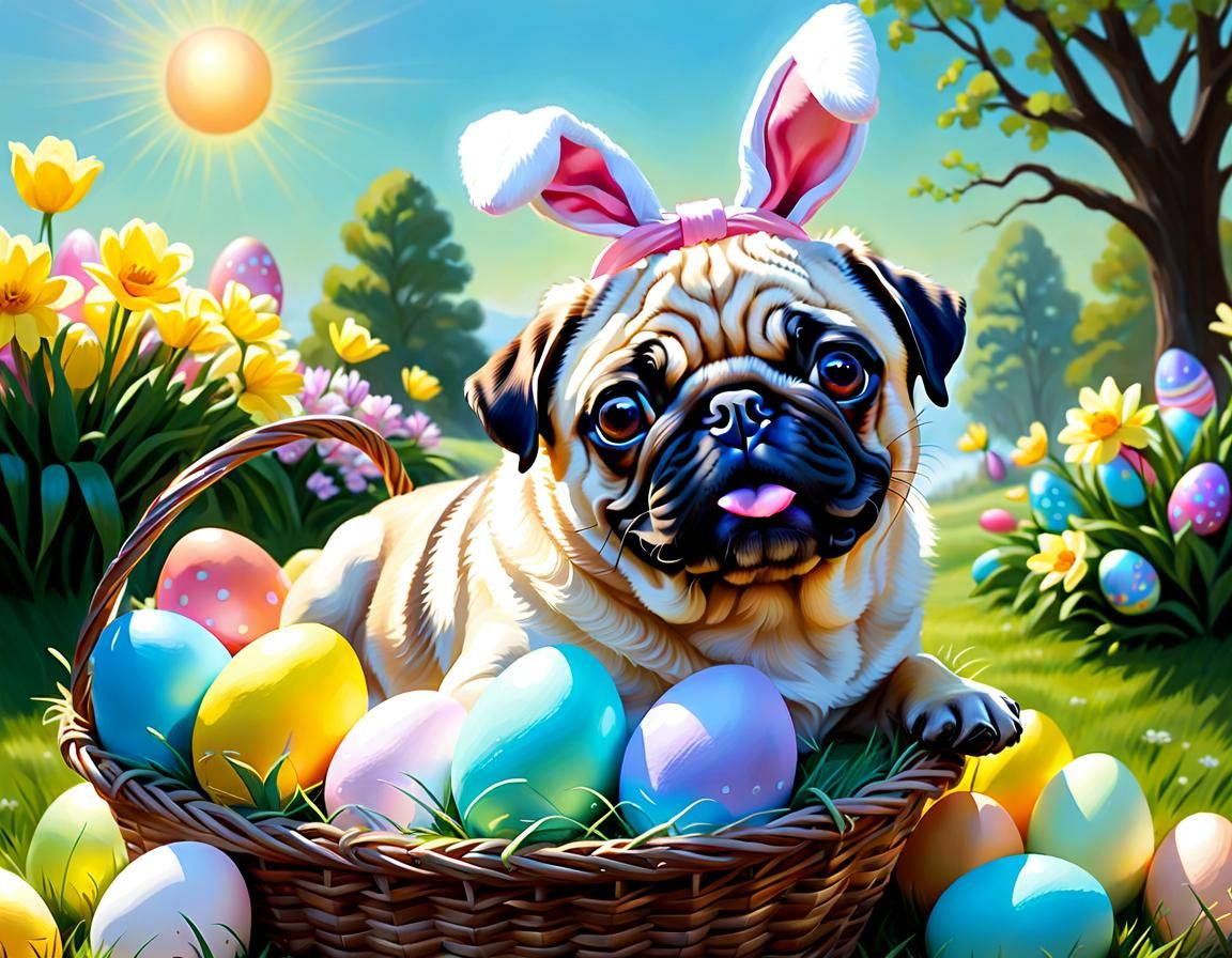 Vibrant Easter Pug Masterpiece in Oil Painting Style