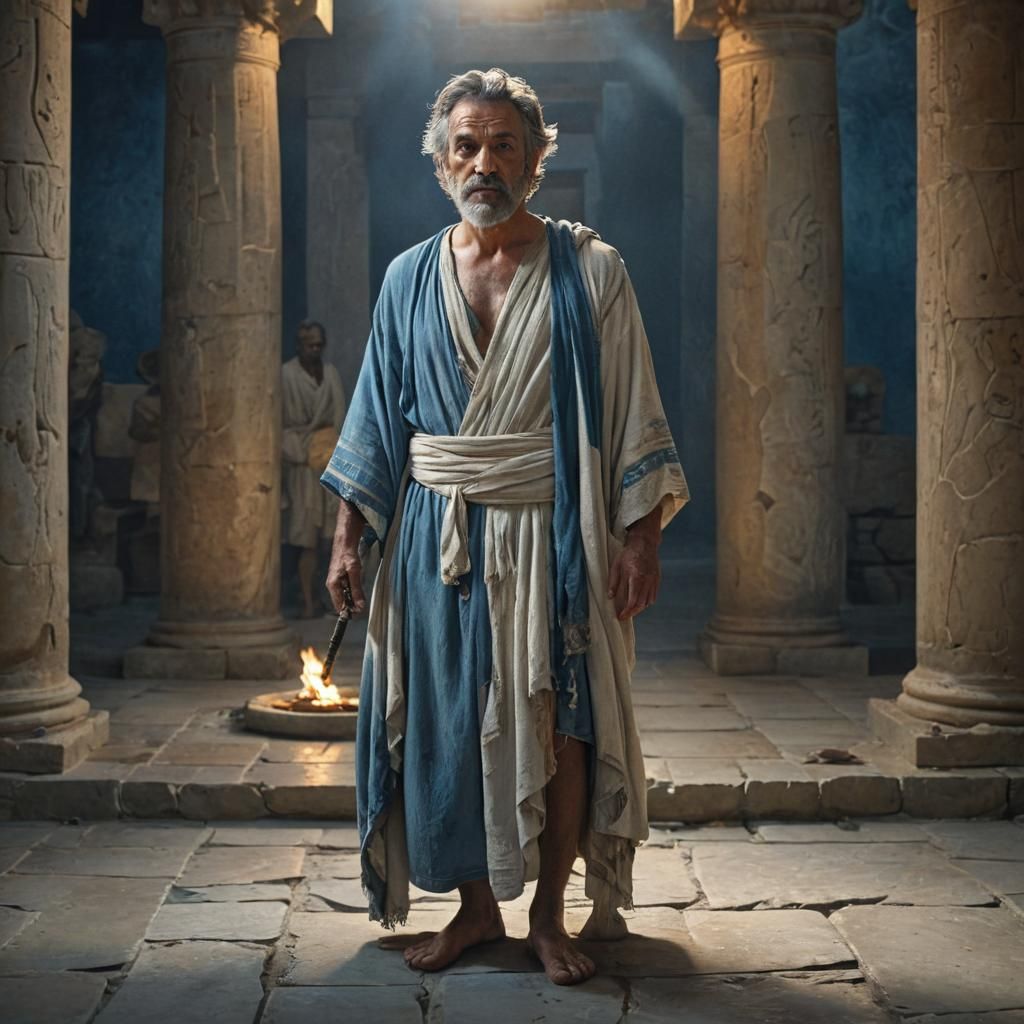 Weathered Greek Warrior in Tattered Robe, Ancient Temple