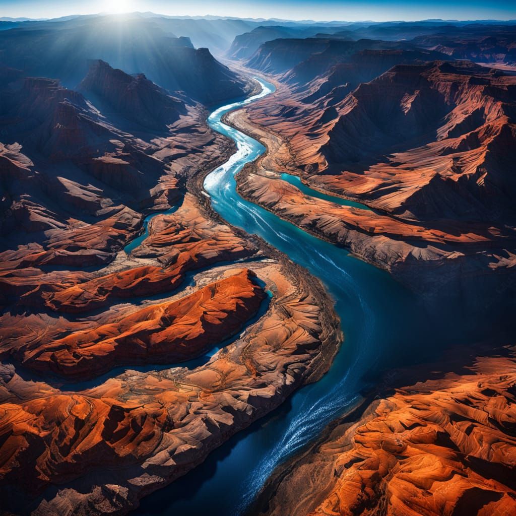 Majestic Desert Canyon Panorama in Vibrant Orange and Blue H...