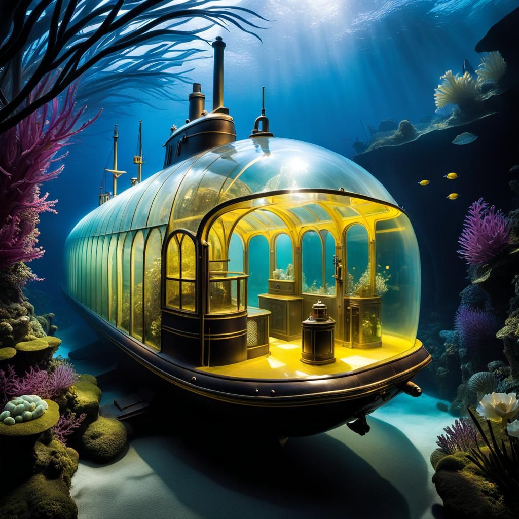 Surreal Underwater Scene of Shiny Gems and Glowing Rods