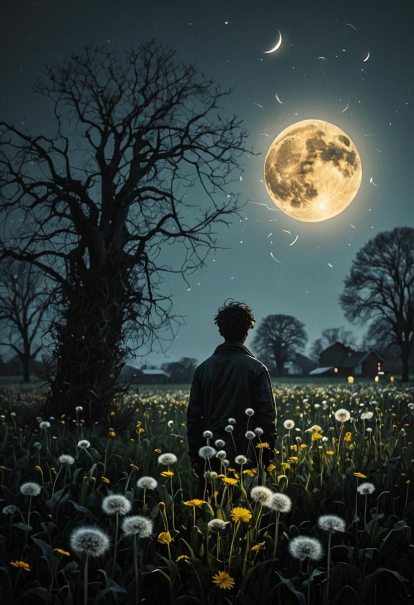 Moonlit Dandelions in Vibrant Hyperrealism