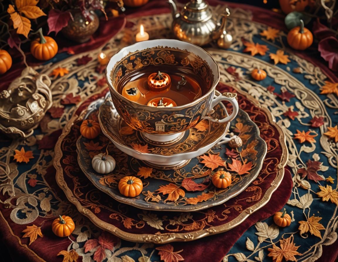 Surreal Fantasy World in Antique Tea Cup, Autumn Leaves, and...