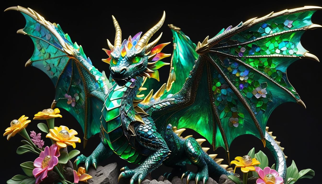 Hyperreal Opal Dragon Guards Treasure in Vibrant, Textured P...