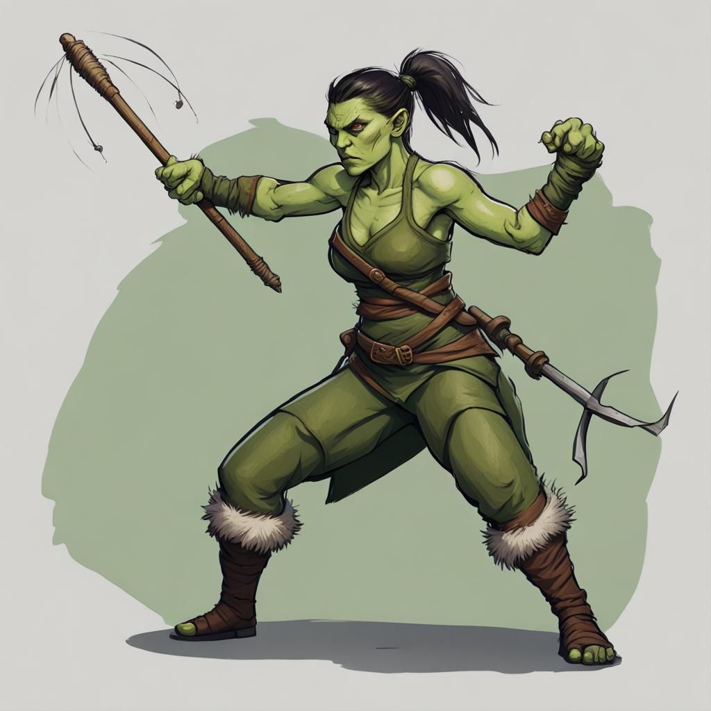 Elegant Half-Orc Warrior Pummels Sandbag