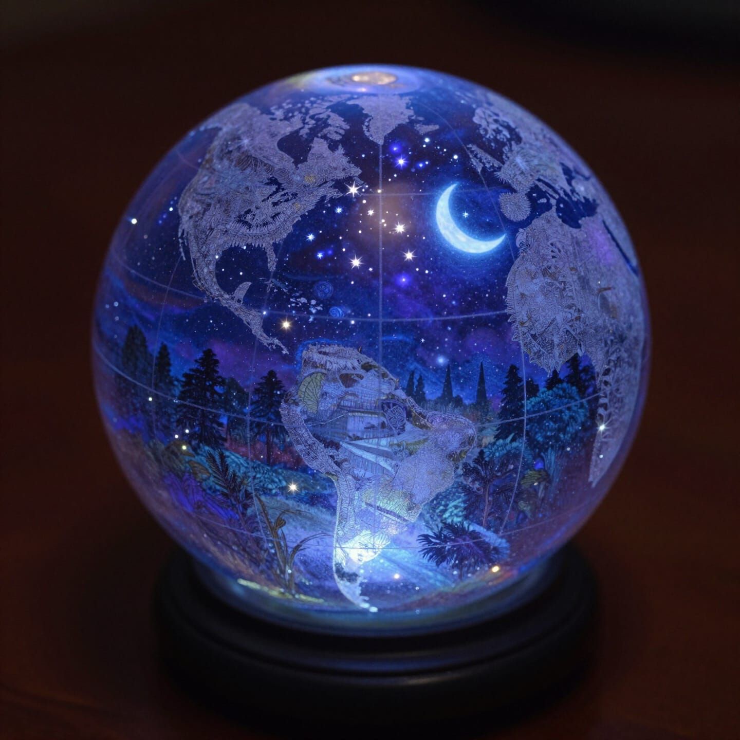 Magical Night Landscape Globe with Stars and Moon