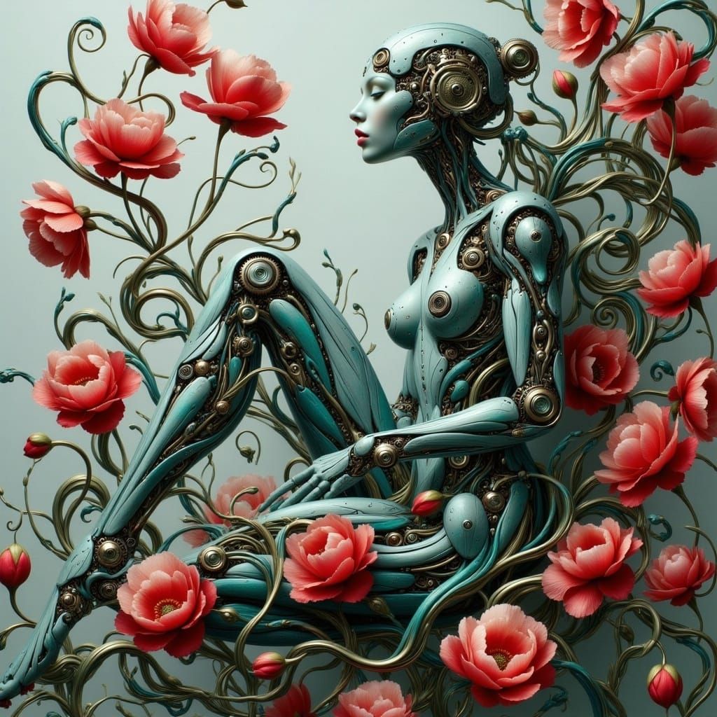 Robotic Goddess in Whimsical Futuristic Landscape