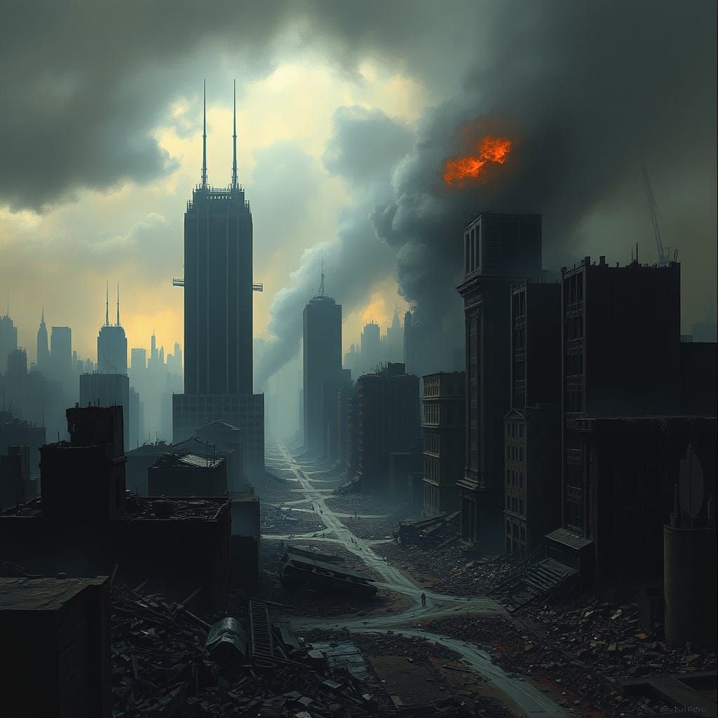 Post-Apocalyptic Cityscape in Ruins, Dark and Gritty