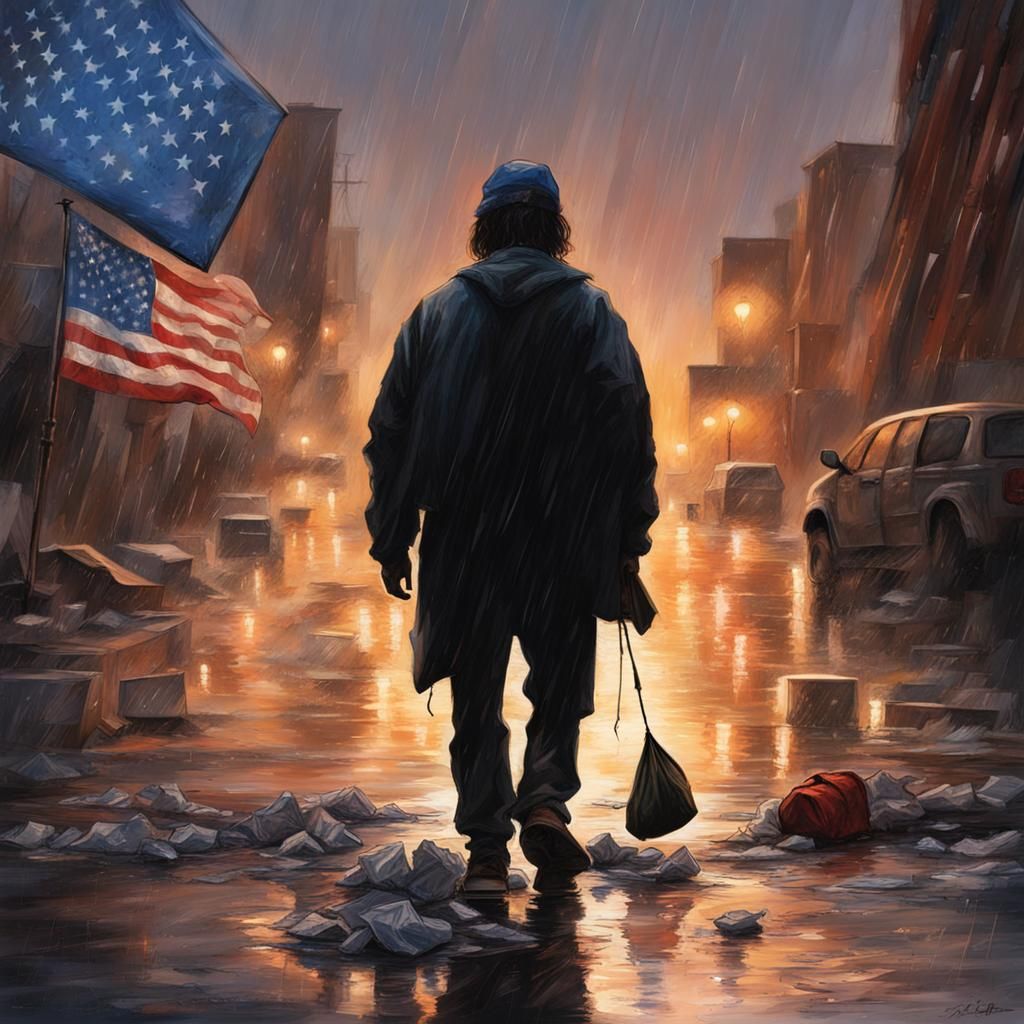 Vigilant Homeless Man Under American Flag in Rainy Night