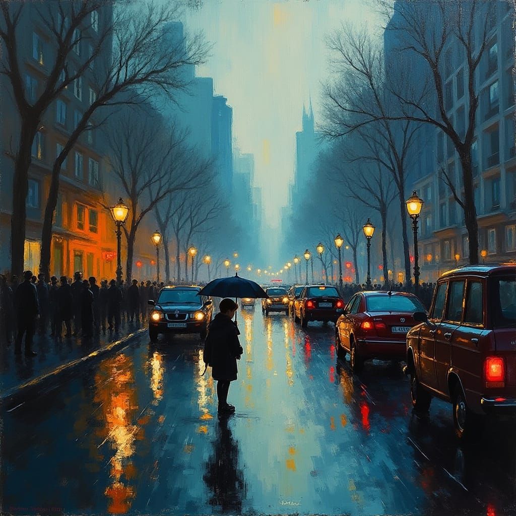 Neo-Impressionist Child Lost in Rain-Soaked City