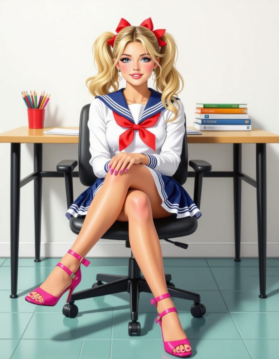 Blonde Cheerleader with Pigtails at Desk