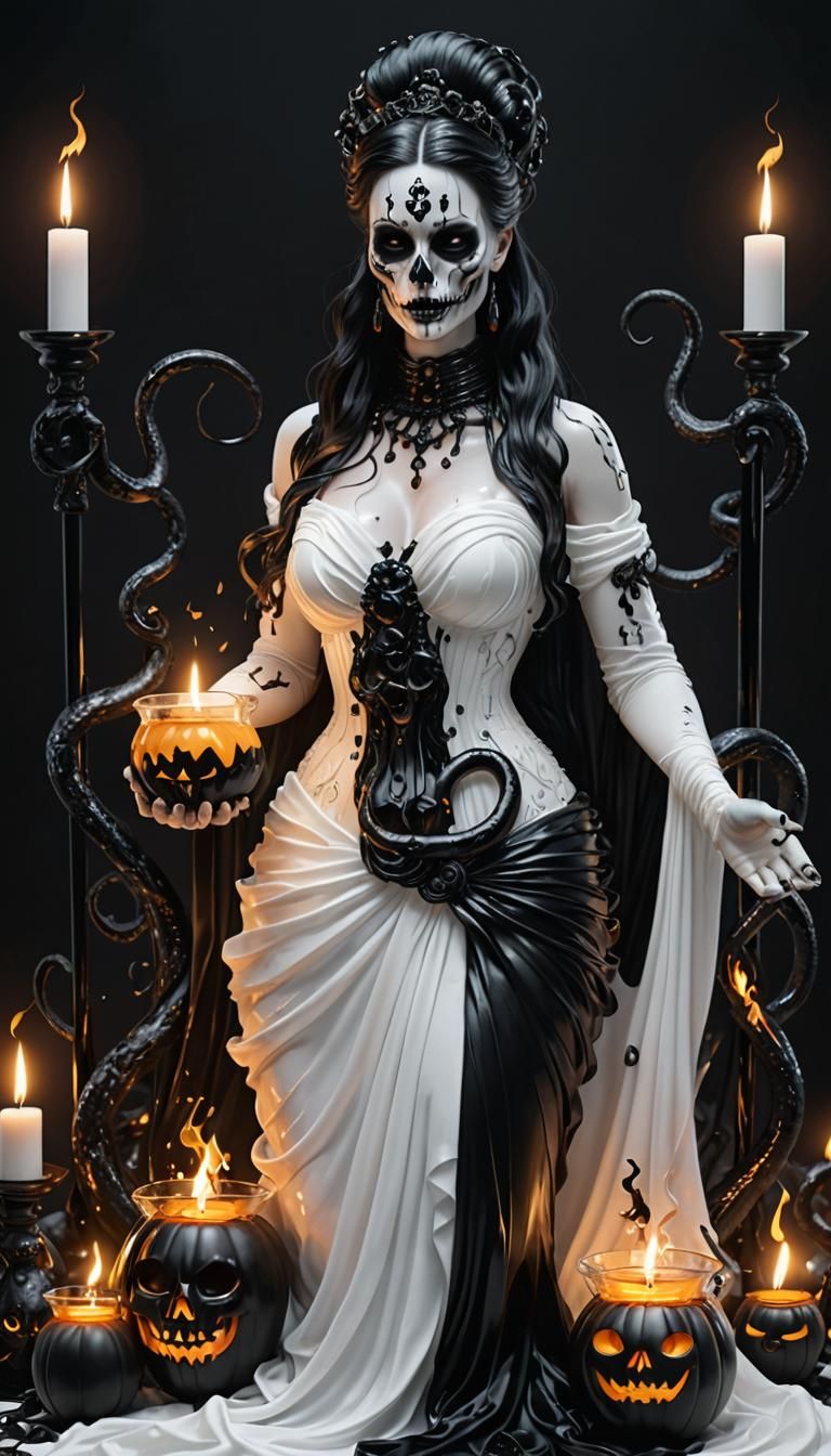 Ethereal Glass Goddess Amidst Dark Autumnal Scene