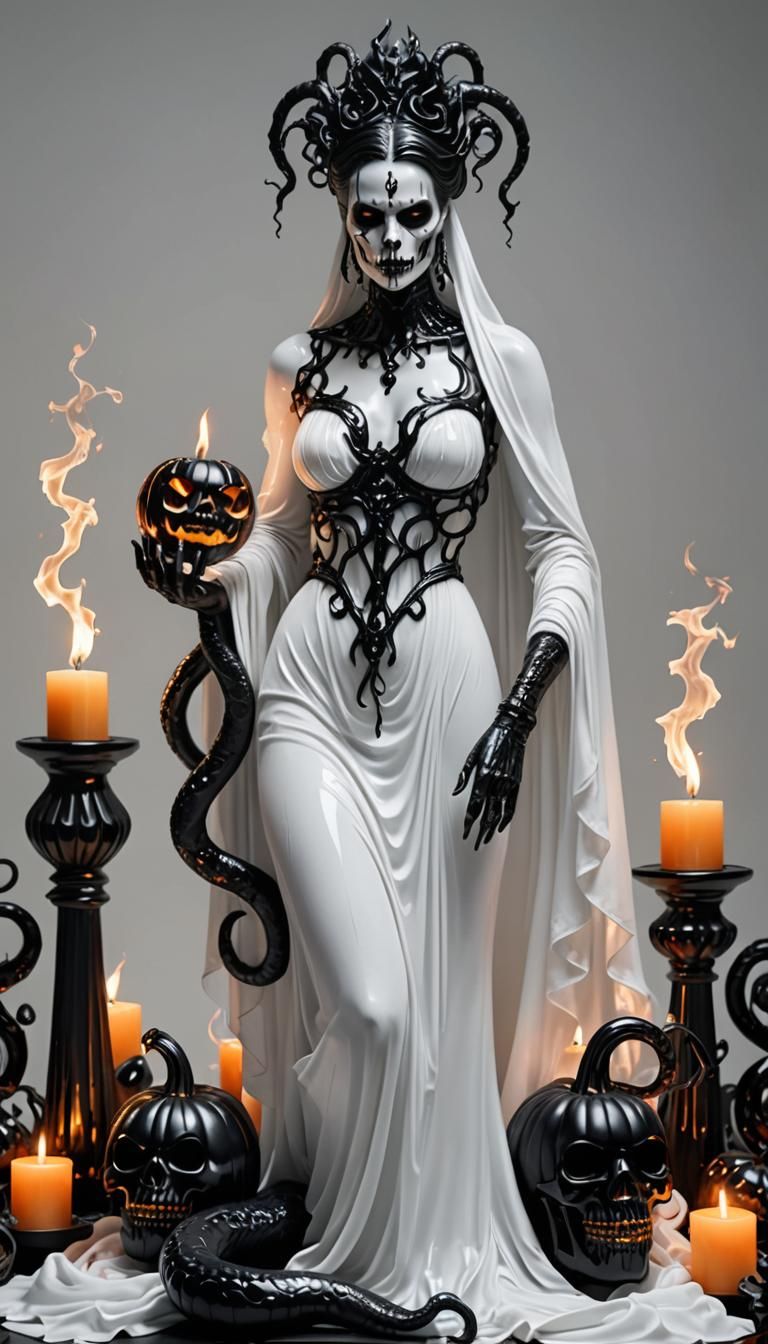 Glass Goddess with Halloween Pumpkin and Snakes