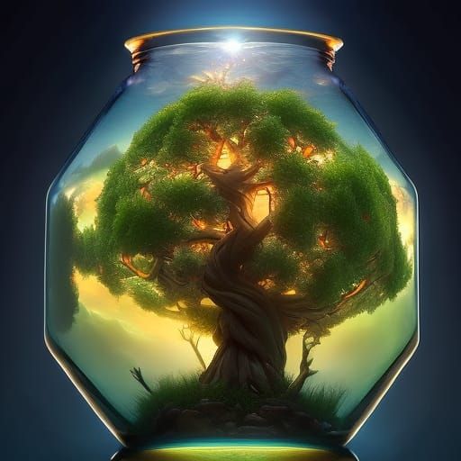 Fantasy Tree House in Glass Cube, Macro Photo