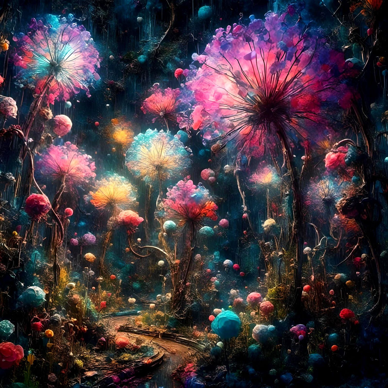 Surrealistic Dreamscape with Fluorescent Plants in a Maximal...