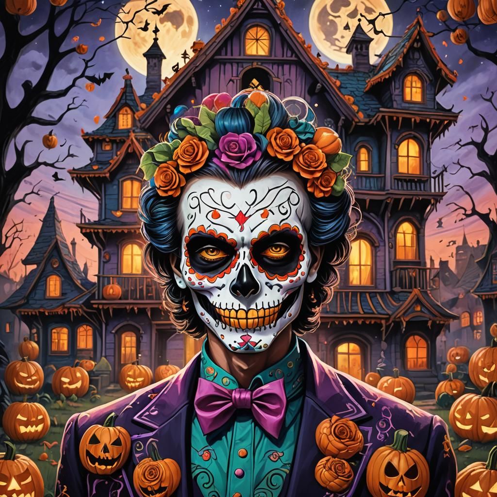 Vibrant Sugar Skull Art: Day of the Dead Joker in Haunted Ho...