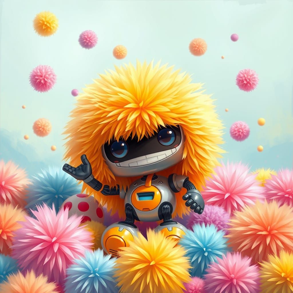 Cute Pompom Robot with Colorful Fluffy Pompoms