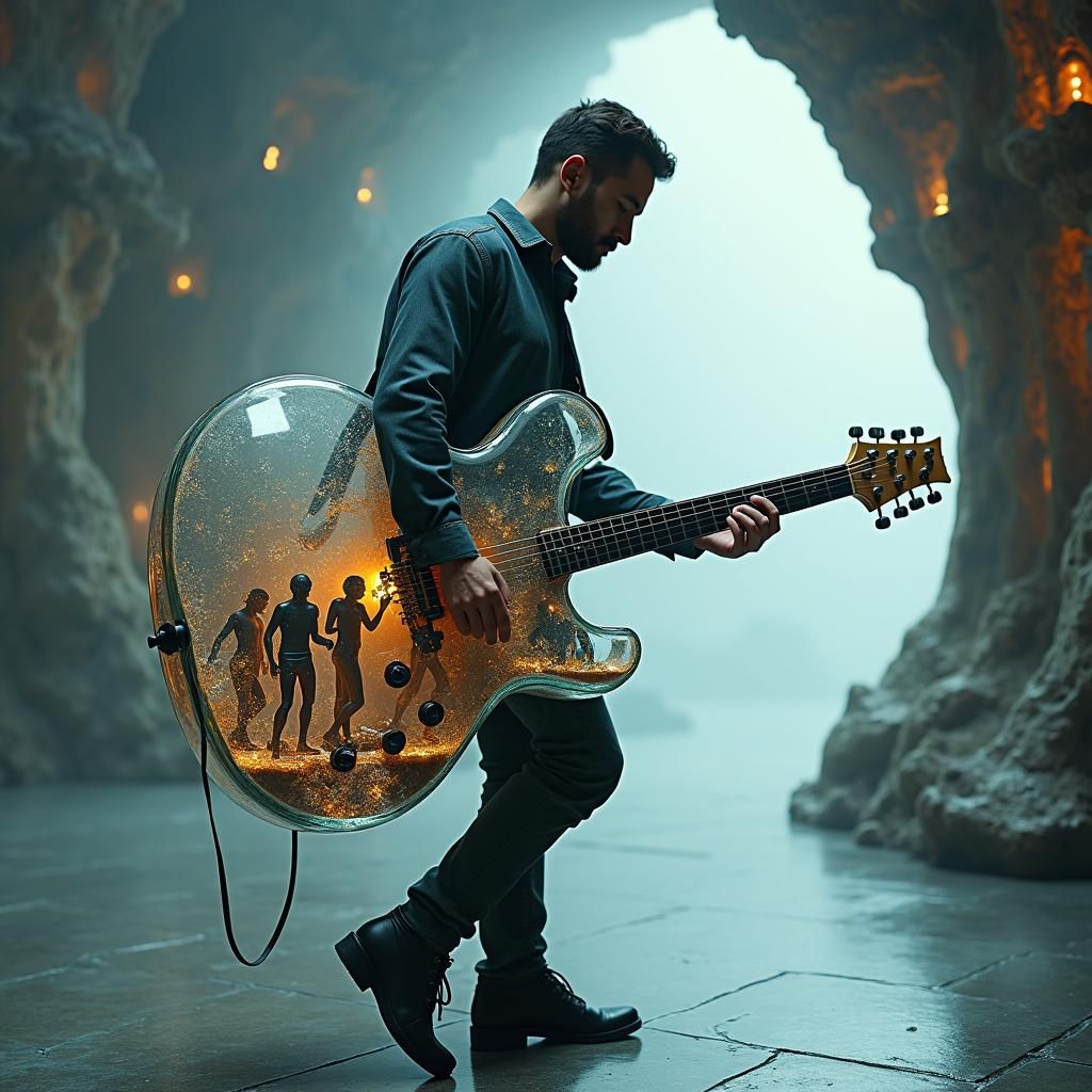 Man Carries Oversized Glass Guitar to Miniature Rock Concert