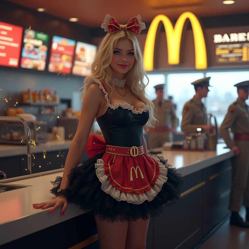 Glamorous McDonald's Hostess Amidst Pentagon's Futuristic Hu...