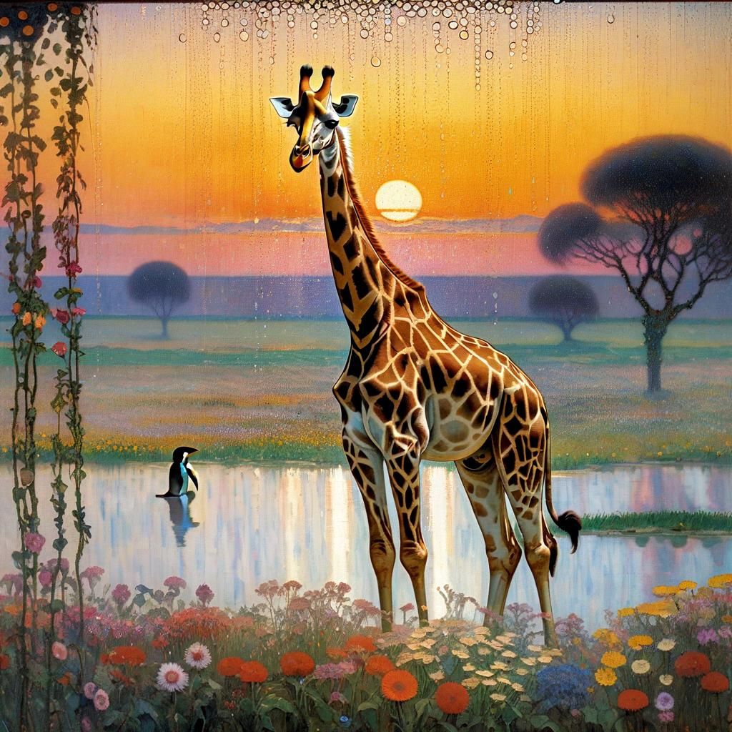 Giraffes, Tigers, Penguins Amidst Vibrant Floral Landscape a...