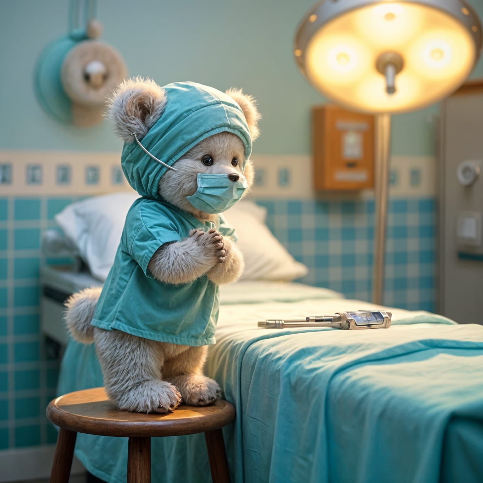Teddy Bear Doctor Performs Surgery in Cozy Hospital Setting