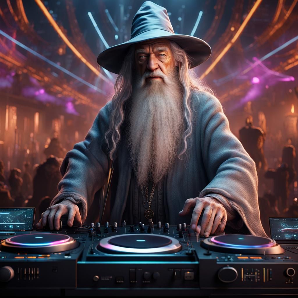 Gandalf Behind the Turntables in a Futuristic Rave