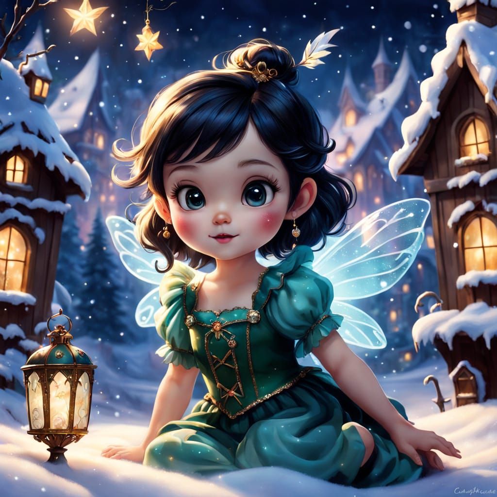 Glass Baby Christmas Fairy Plays with Adorable Reindeers in...