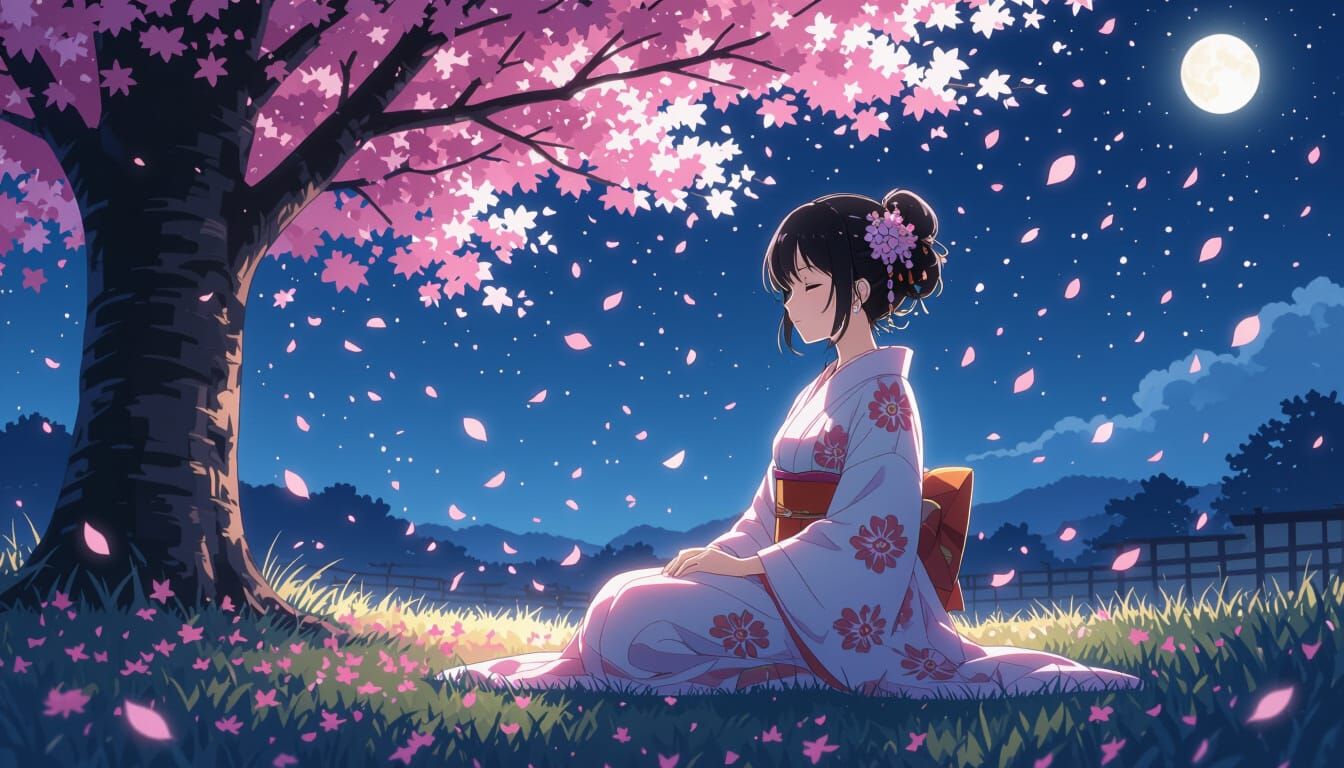 Girl Under Sakura Tree in Manga Style