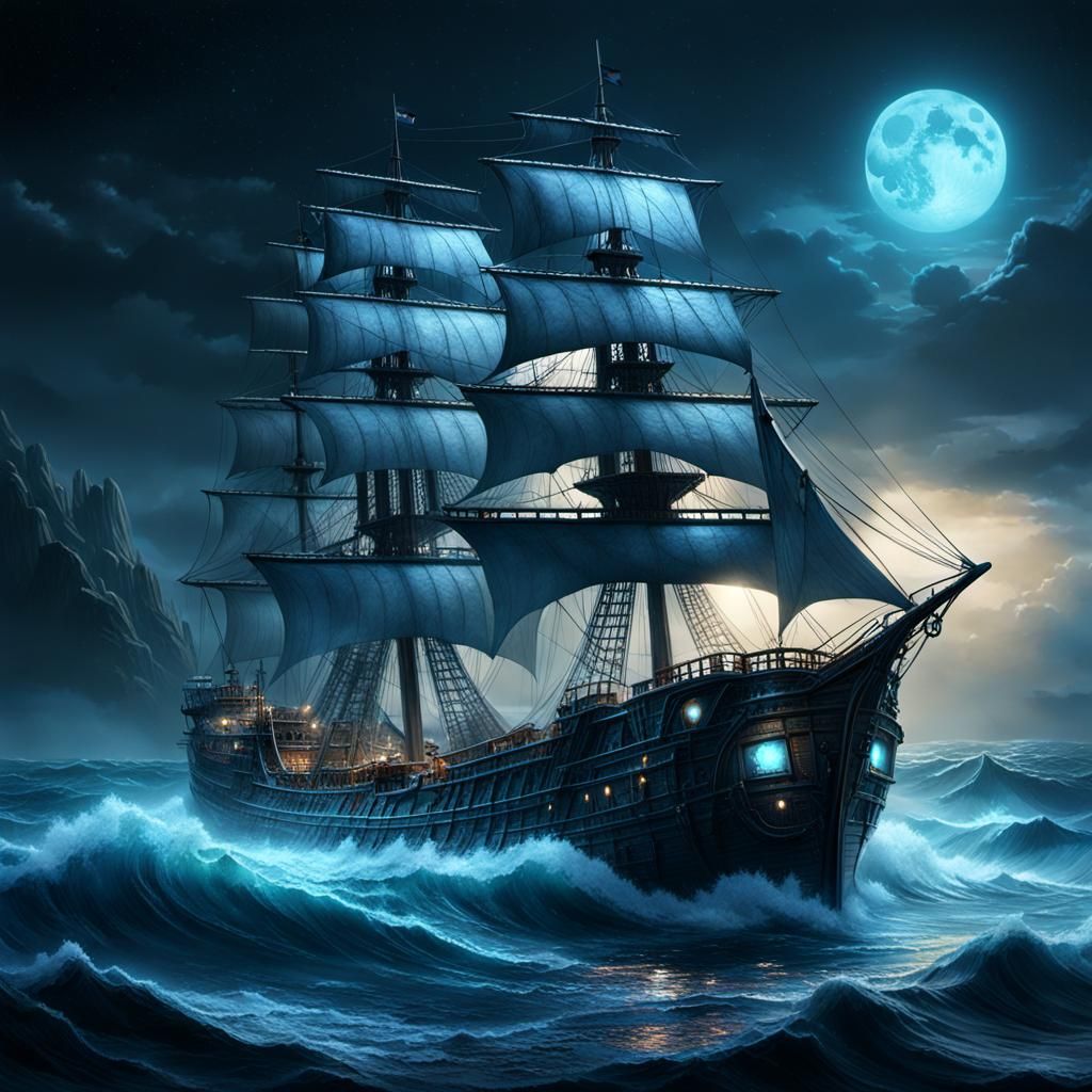 Cyberpunk Ghost Ship Dominates Dark Fantasy Moonlit Sea