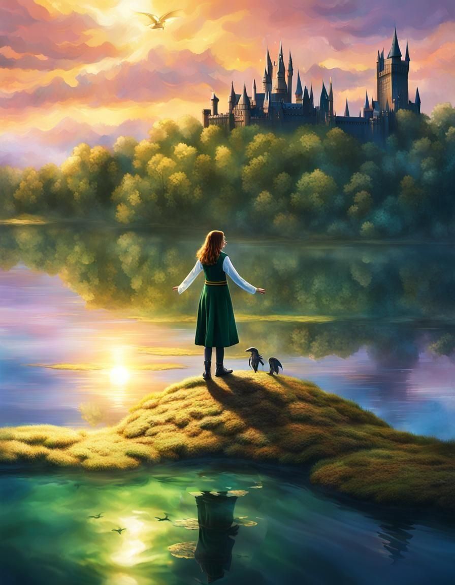 Girl on the hogwarts lake, wit hogearts castle behind, in Slytherin uniform, happy, sweet, high quality, hd, high qualit...
