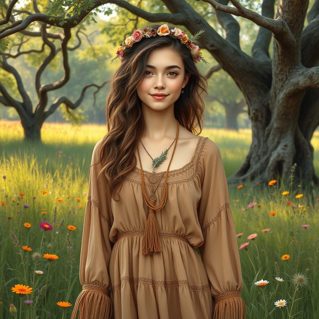 Serene Bohemian Goddess in Lush Green Landscape