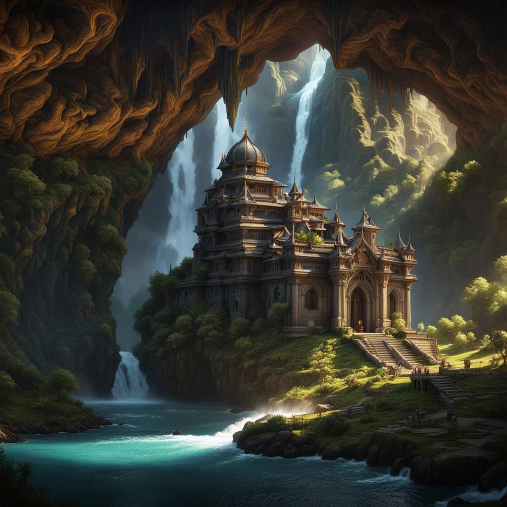 Fantasy Monastery Amidst a Waterfall in a Great Cave