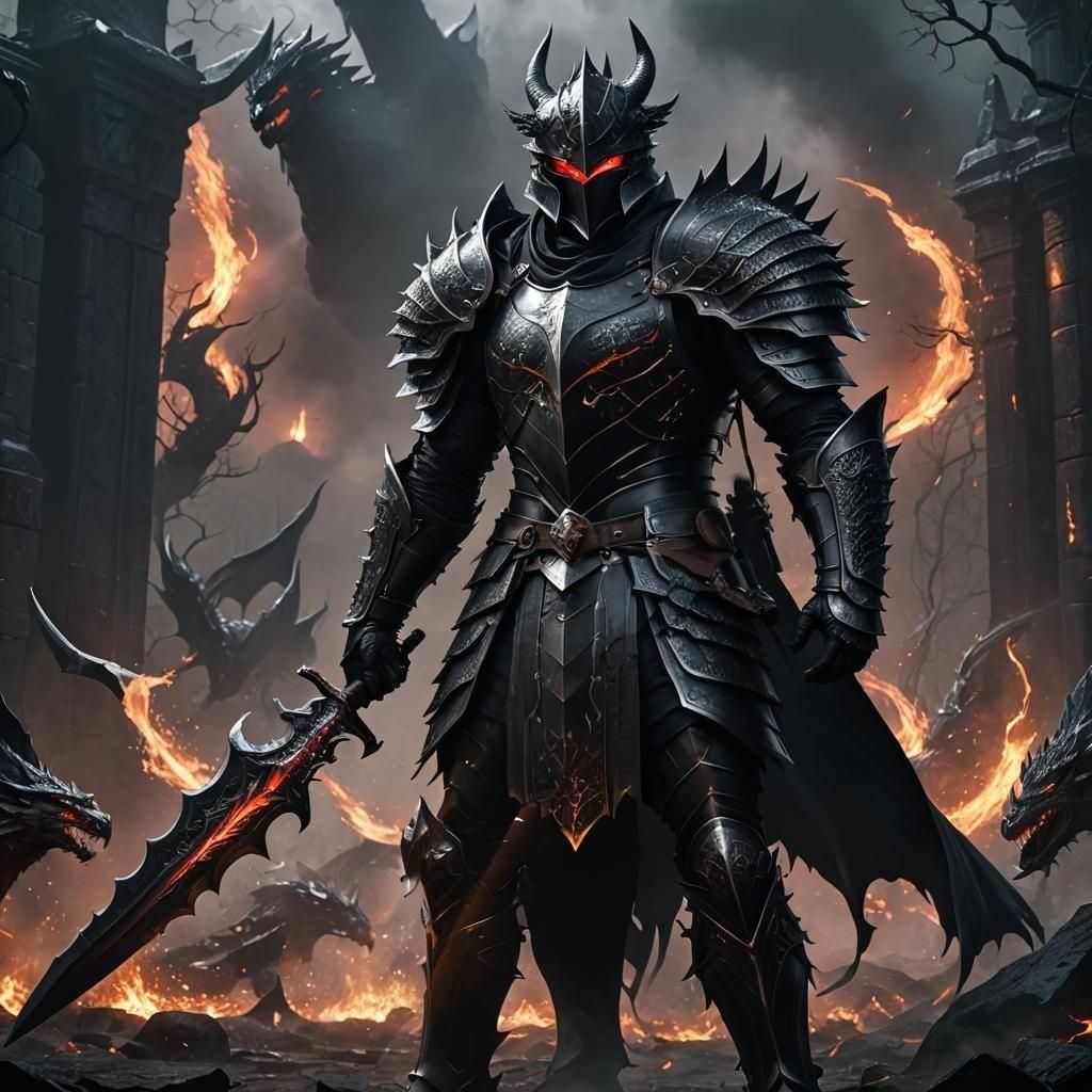 Dragon-Warrior in Black Berserk Armor, Fantasy VRMMORPG Cove...