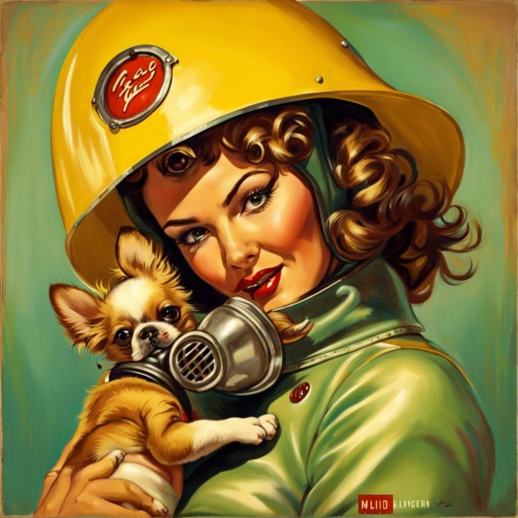 Pin-up Girl in Hazmat Suit with Puppy, a Retro-Vintage Hybri...