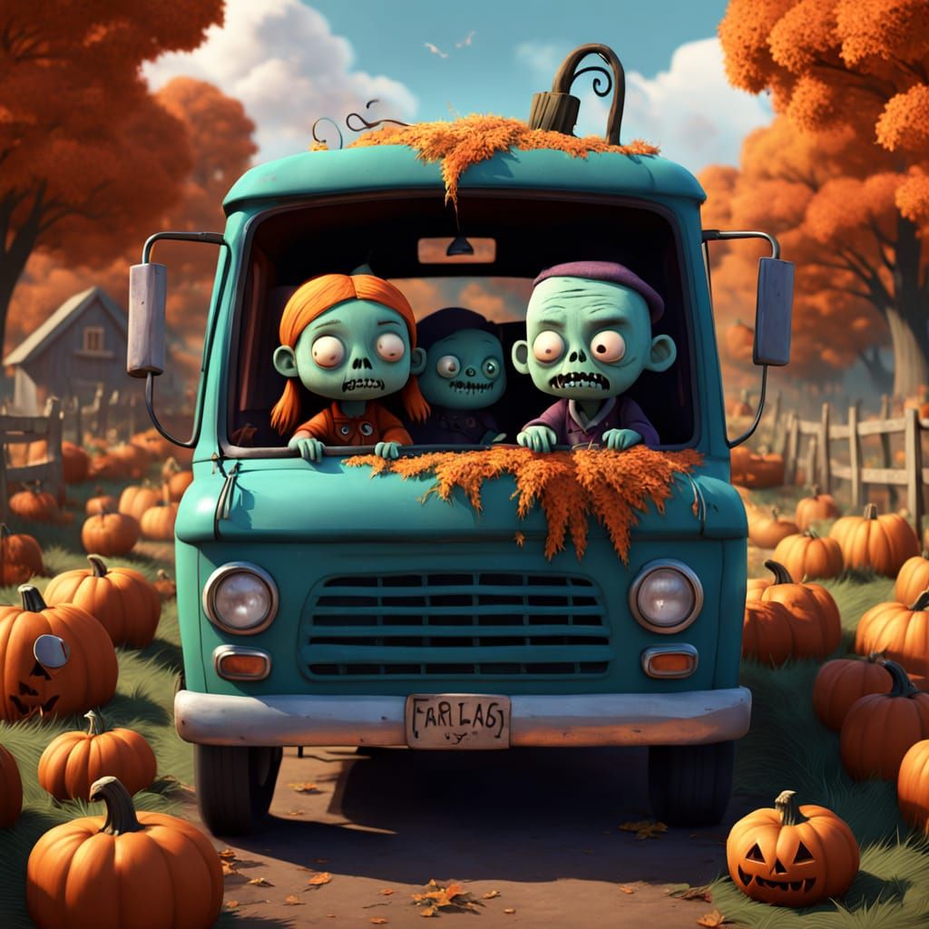 Pixar Style Zombie Farmer Truck in Pumpkin Patch