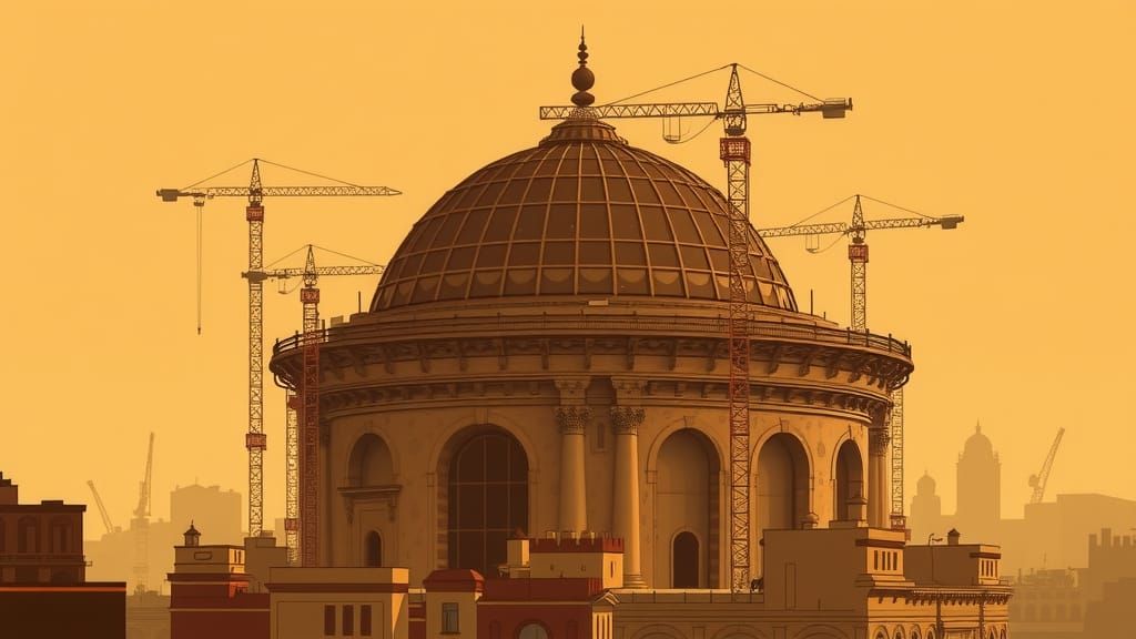 Sepia Steampunk Metropolis Emerging from Geometric Layers