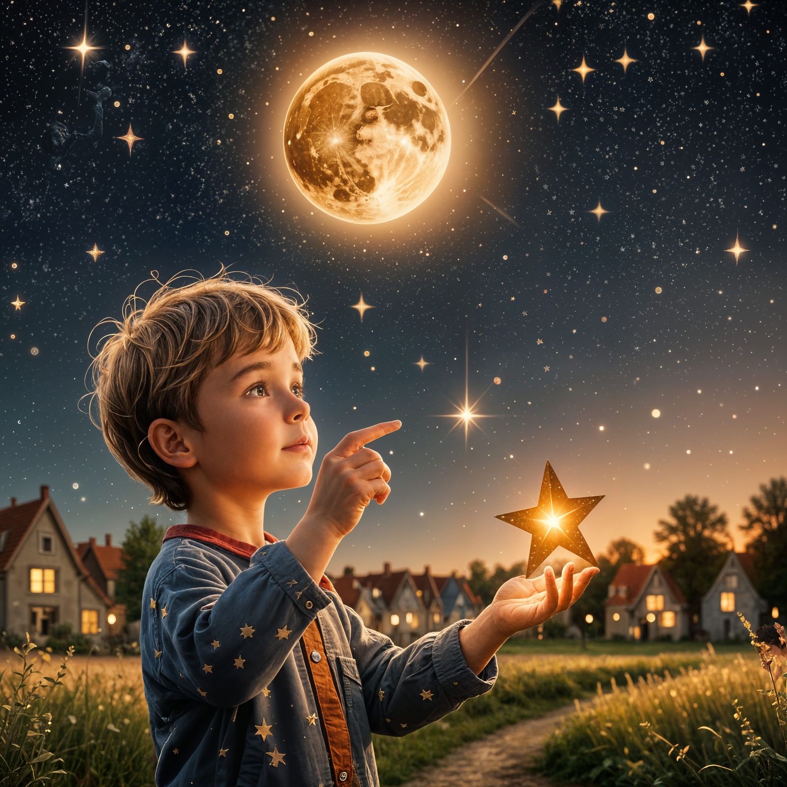 Little Boy Reaches for the Moon with a Star