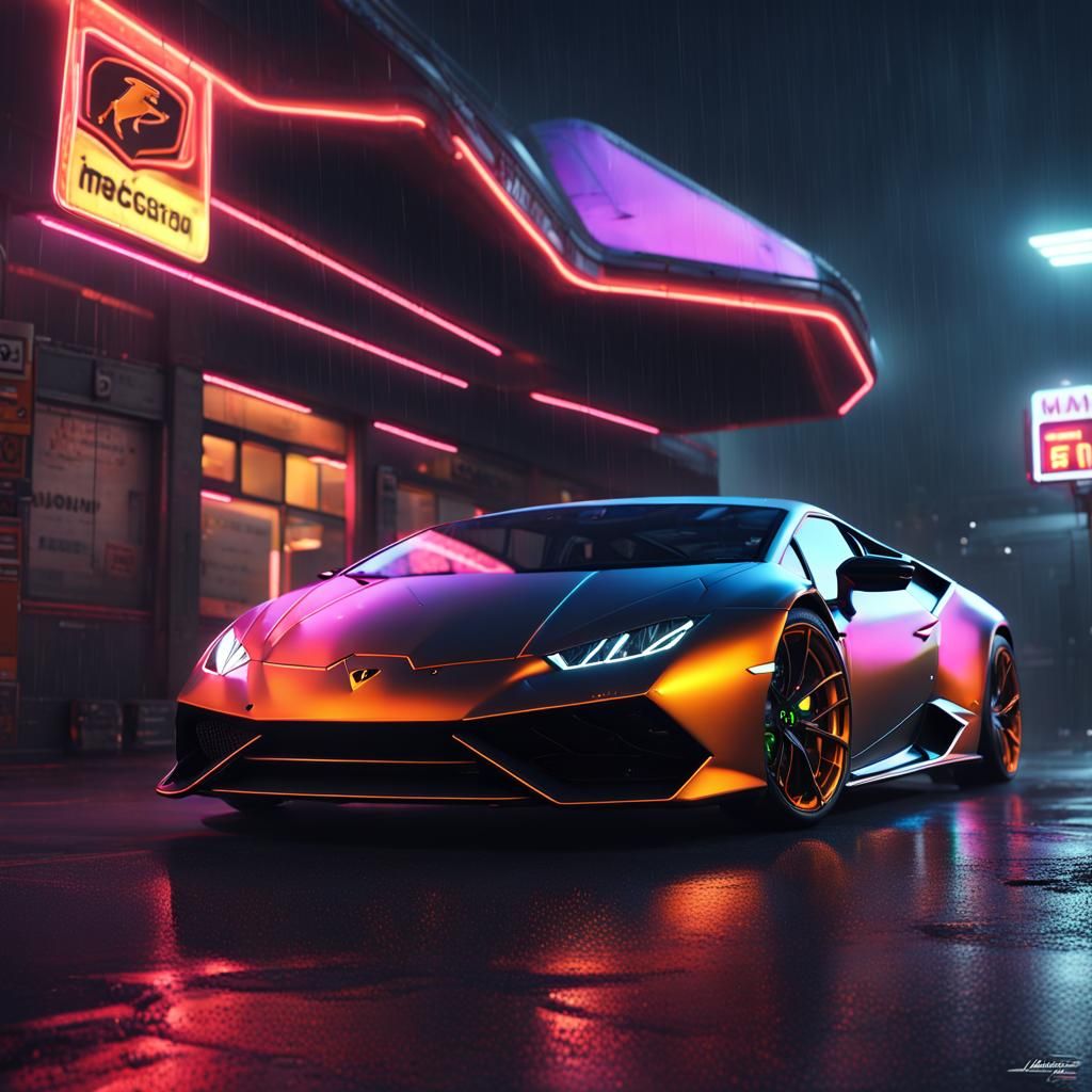Cyberpunk Lamborghini in a Rainy, Neon-Lit Gas Station