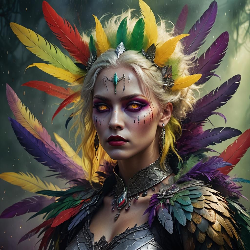 Surreal Goddess in Ethereal Dreamscape with Vibrant Feathers