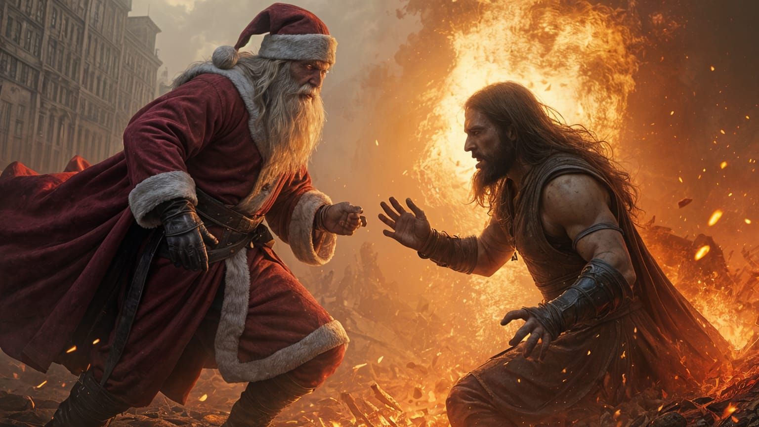 Surreal Santa vs. Jesus in a Dark Cyberpunk Hellscape