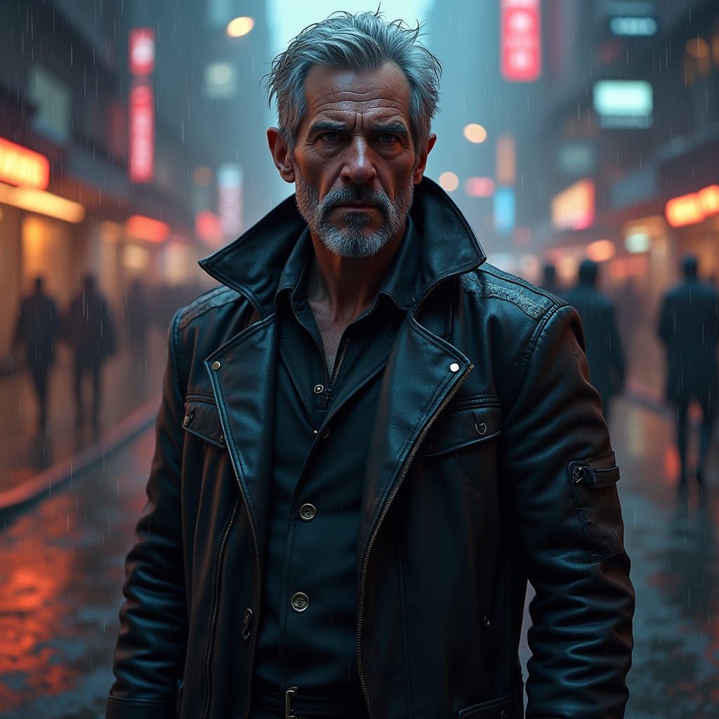 Cyberpunk Detective in Gritty, Neon-Lit Cityscape