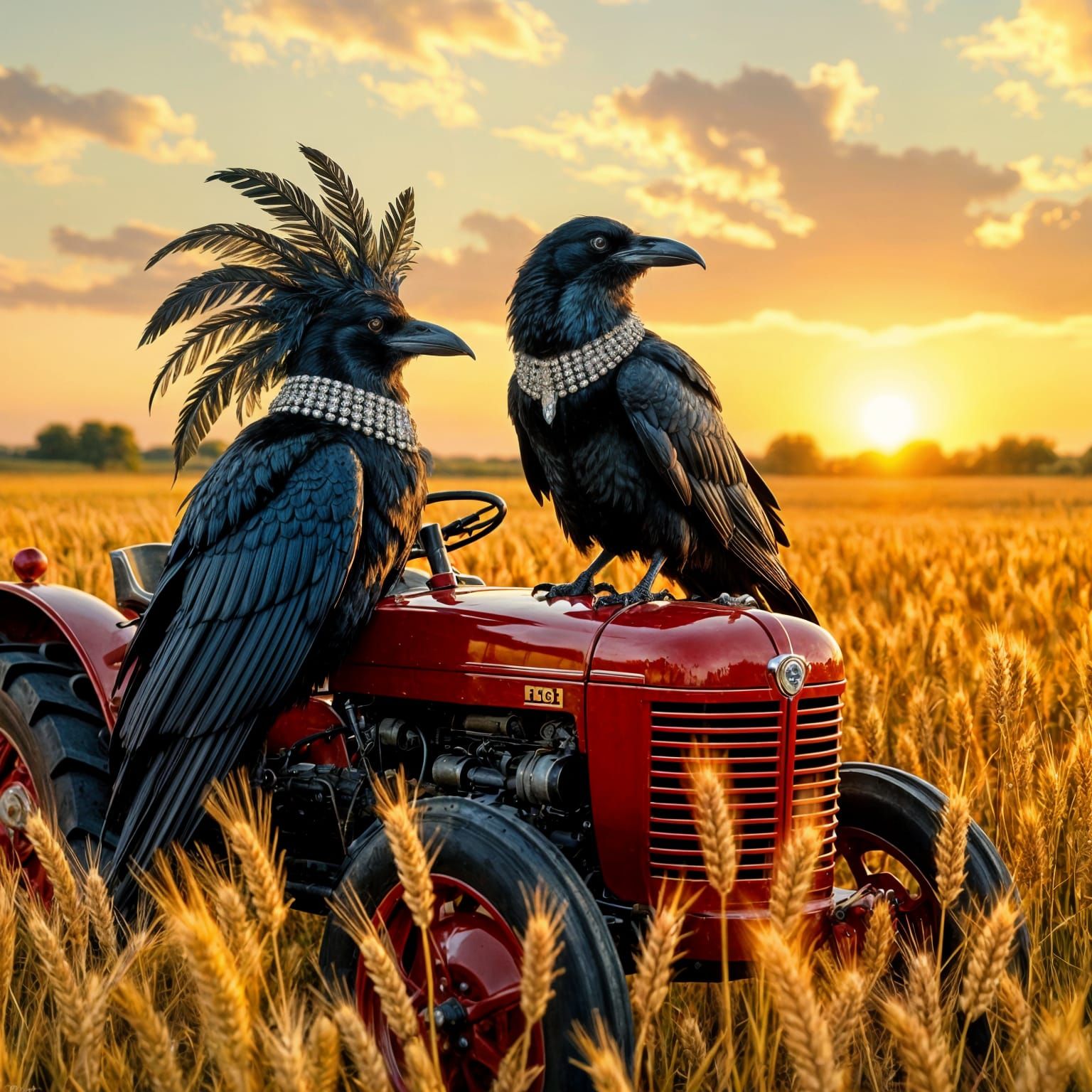 Regal Raven in Haute Couture on Vintage Tractor