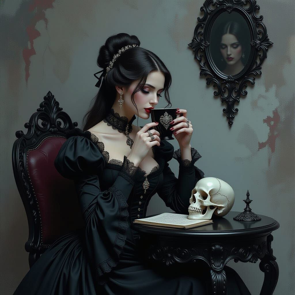Victorian Lady at Gothic Table with Skull Mug