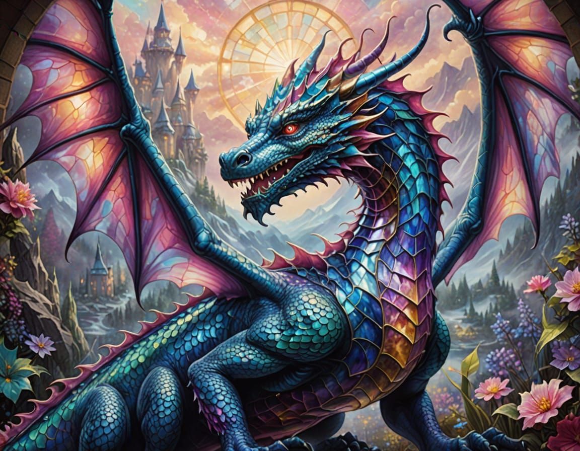 Ethereal Stained Glass Dragon in Mist