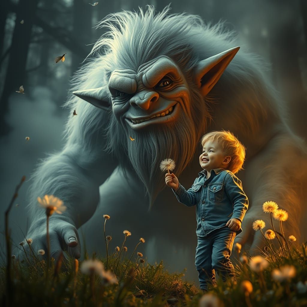 Gentle Giant Troll Shares Dandelions in Ethereal Light