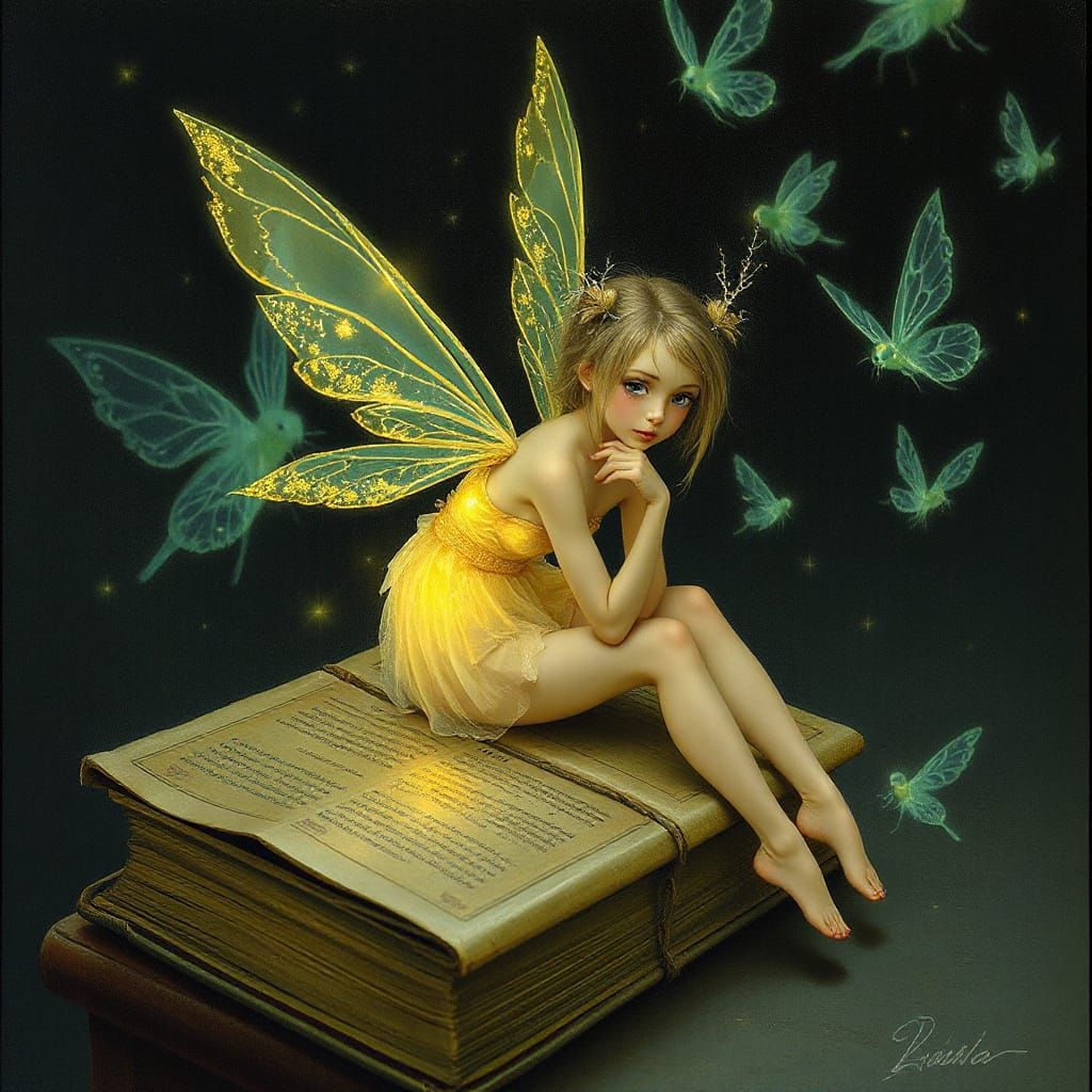 Golden Fairy Seated on Ancient Tome Amidst Whimsical Castle ...