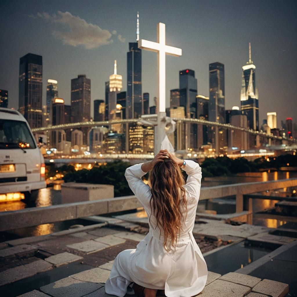Woman in Contemplative Repose at Nighttime Cityscape