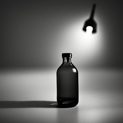 A Drunken Figure Slumbers in a Bottle on a Wooden Table