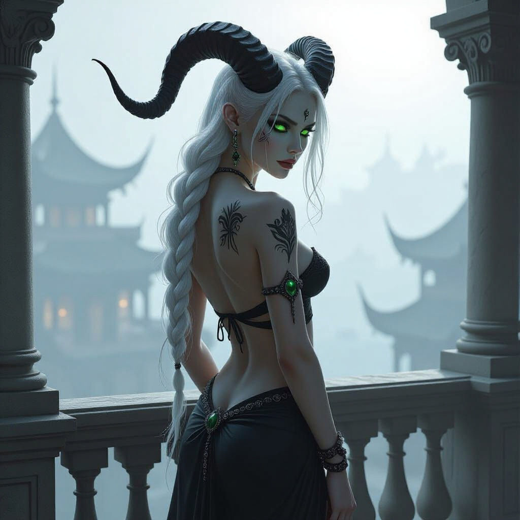 Powerful Tiefling Queen on Balcony in Naturalism Style